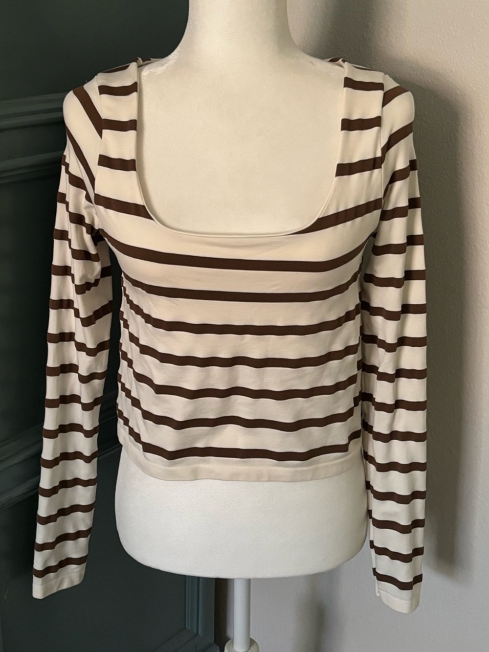 Altar'd State Cream and Brown Striped Long-Sleeve Scoop Top